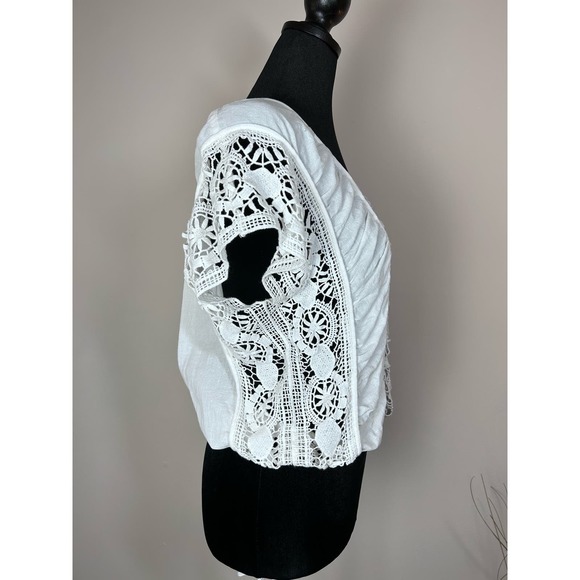 Free People Boho White Crocheted Crop Top Square Neck Short Sleeve Size S - Picture 6 of 6